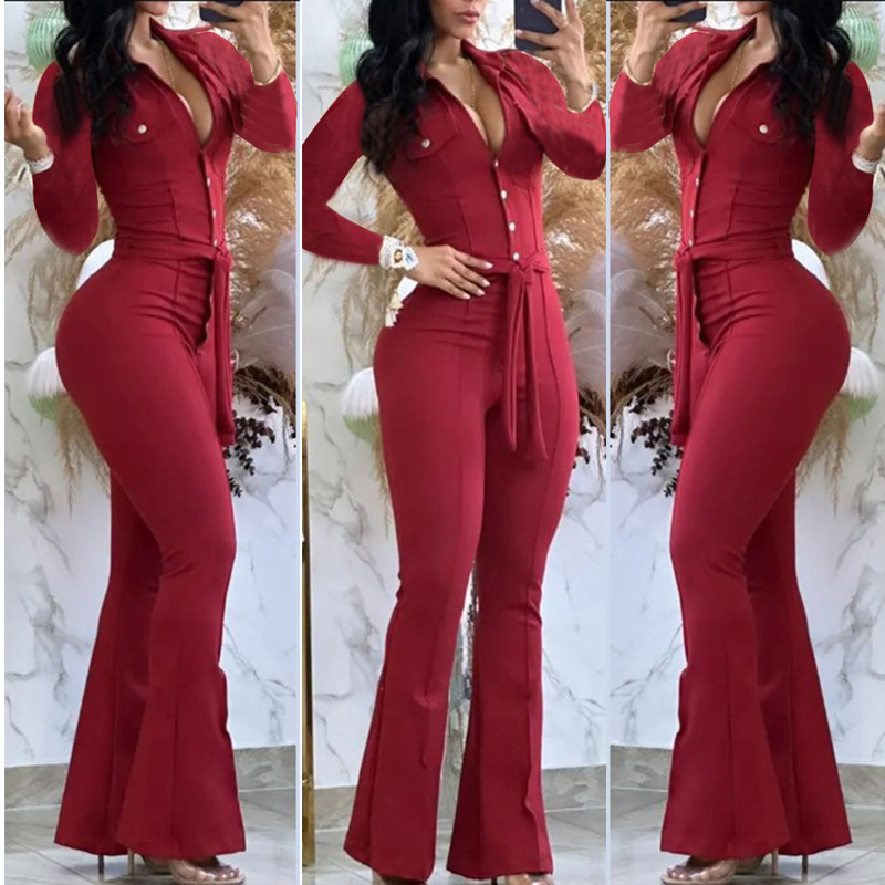 Picture of 2025 Cross-Border Foreign Trade Autumn and Winter Long-Sleeved Shirt Collar Mid-Waist Elegant Commuter Jumpsuit