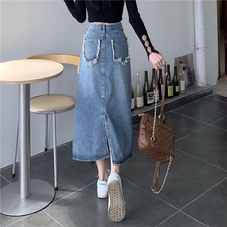 Spring and Summer New Ruffled Design Sense Niche Split Denim A- shaped Mid-length Skirt High Waist Flesh-covered Skirt for Women