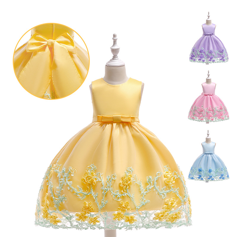 Children's Wedding Dress Kindergarten Performance dress Girl's Bow Princess Dress Hem Petal Mesh Dress