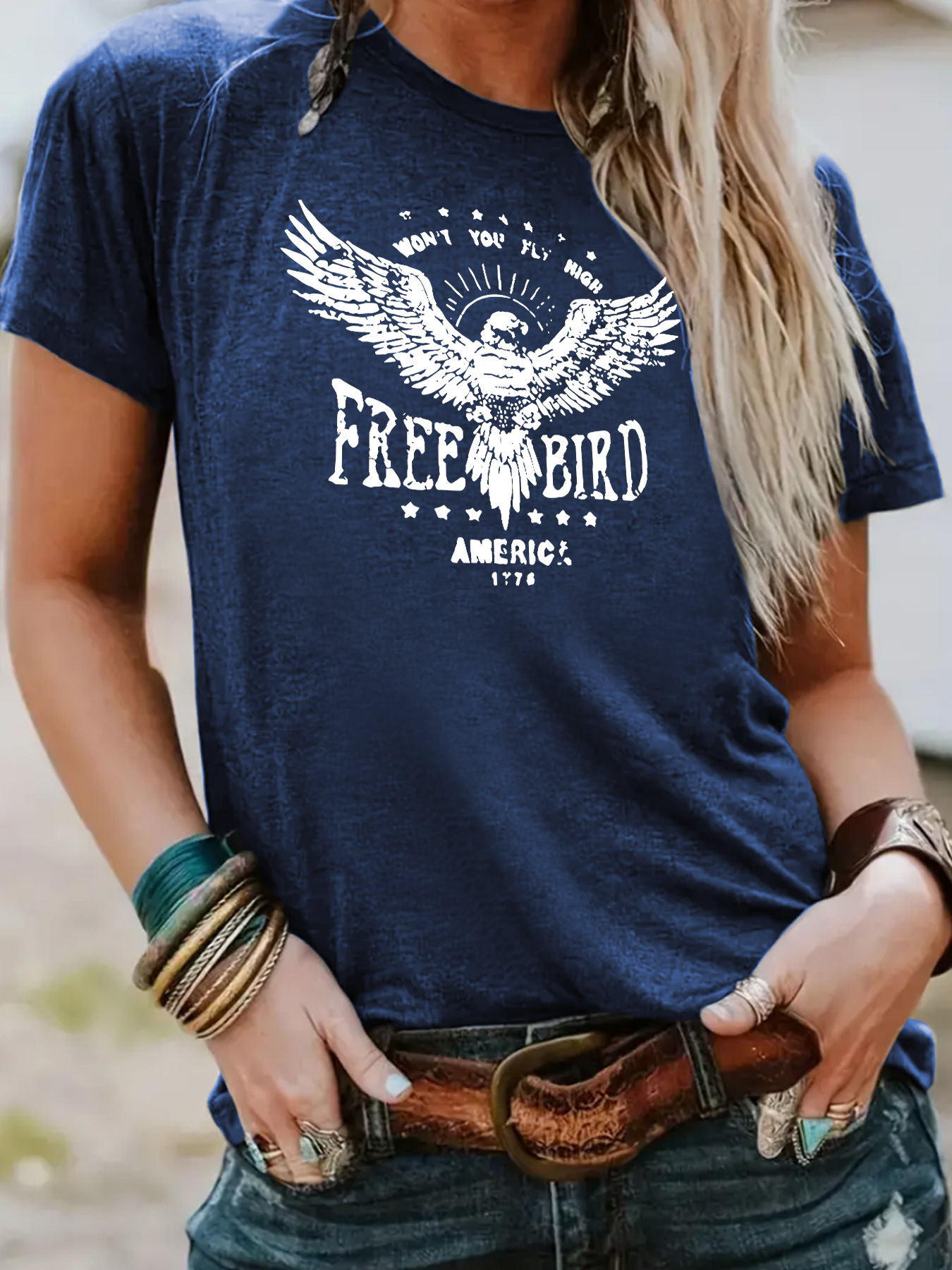 Picture of European and American independent station cross-border temperament T-shirt female in stock FREE BIRD eagle printing summer new short sleeve wholesale