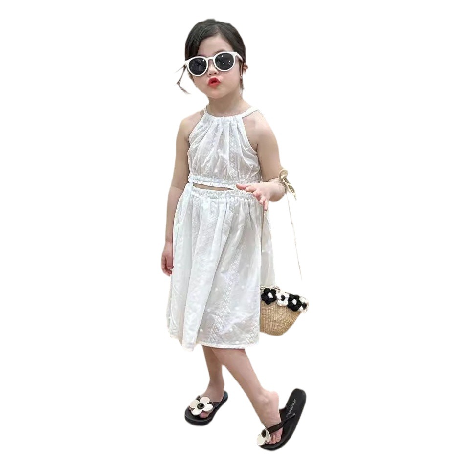 Children's Clothing Girls Dress 2024 Summer Halter Neck Suspender Dress Children's Dress Fashionable Fairy Waistless White Princess Dress