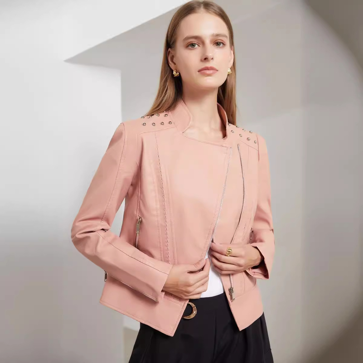 Picture of Boutique leather clothing Women Beaded Leather Jacket Lapel Spring and Autumn High-grade PU Leather Jacket