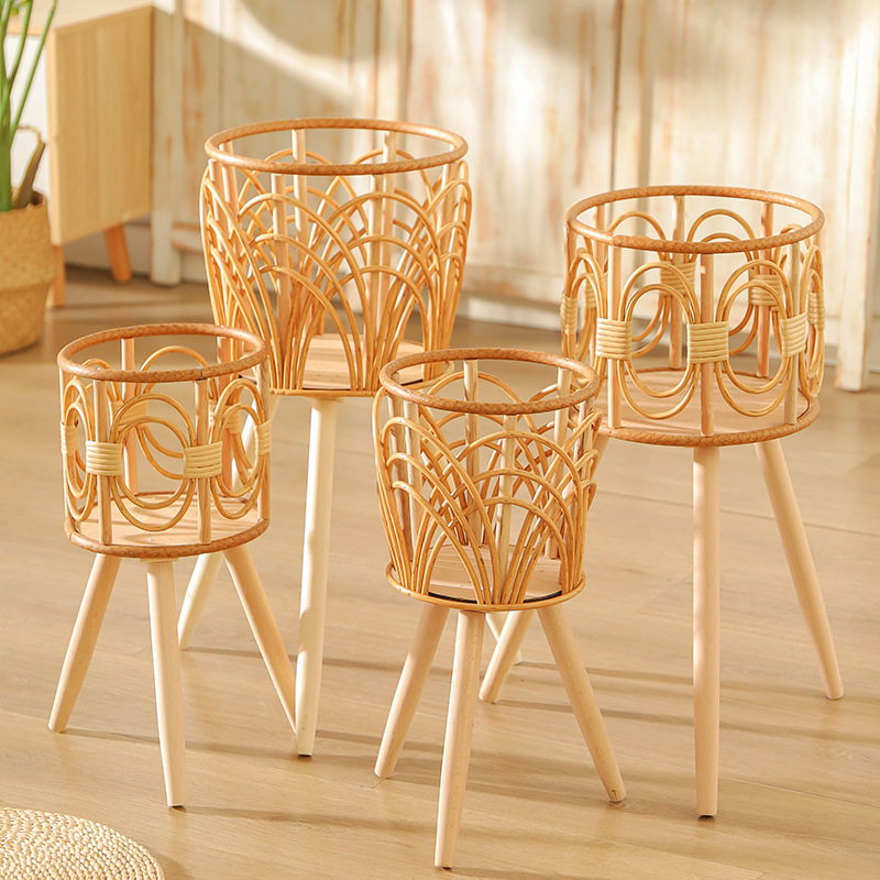 Picture of Cross-border Indoor Woven Flower Pot Imitation Rattan Flower Rack Triangle Living Room Floor-standing Hollow Flower Rack Balcony Bamboo Woven Flower Basket