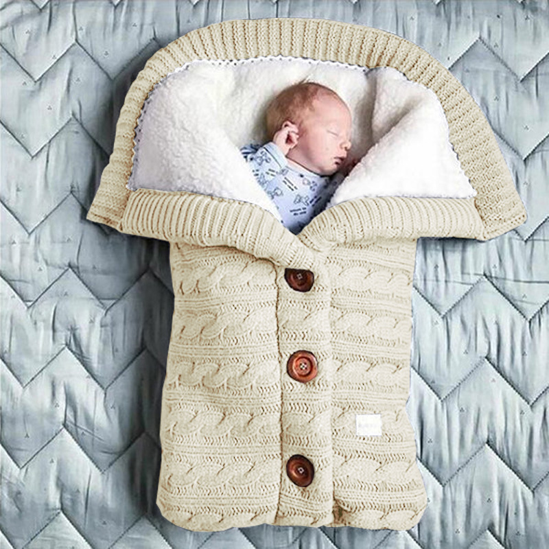 Picture of Spring Autumn Winter Knitted Sleeping Bag Baby Carriage Sleeping Bag Swaddling Cart Sleeping Bag Button Twist Sleeping Bag fleece-lined Thickened Bag
