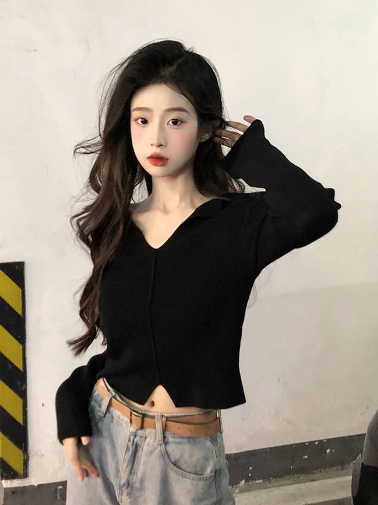 American Style Irregular V-neck Long-sleeved Sweater Autumn and Winter New Design Sense Niche Spice Girls Slim-fit Top Women's Fashion