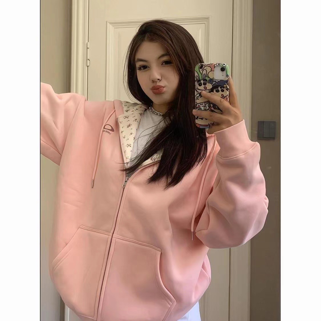 Pink Floral Hooded Sweater Jacket Women's 2024 Spring and Autumn Thin oversize Loose Lazy Style Zipper Cardigan