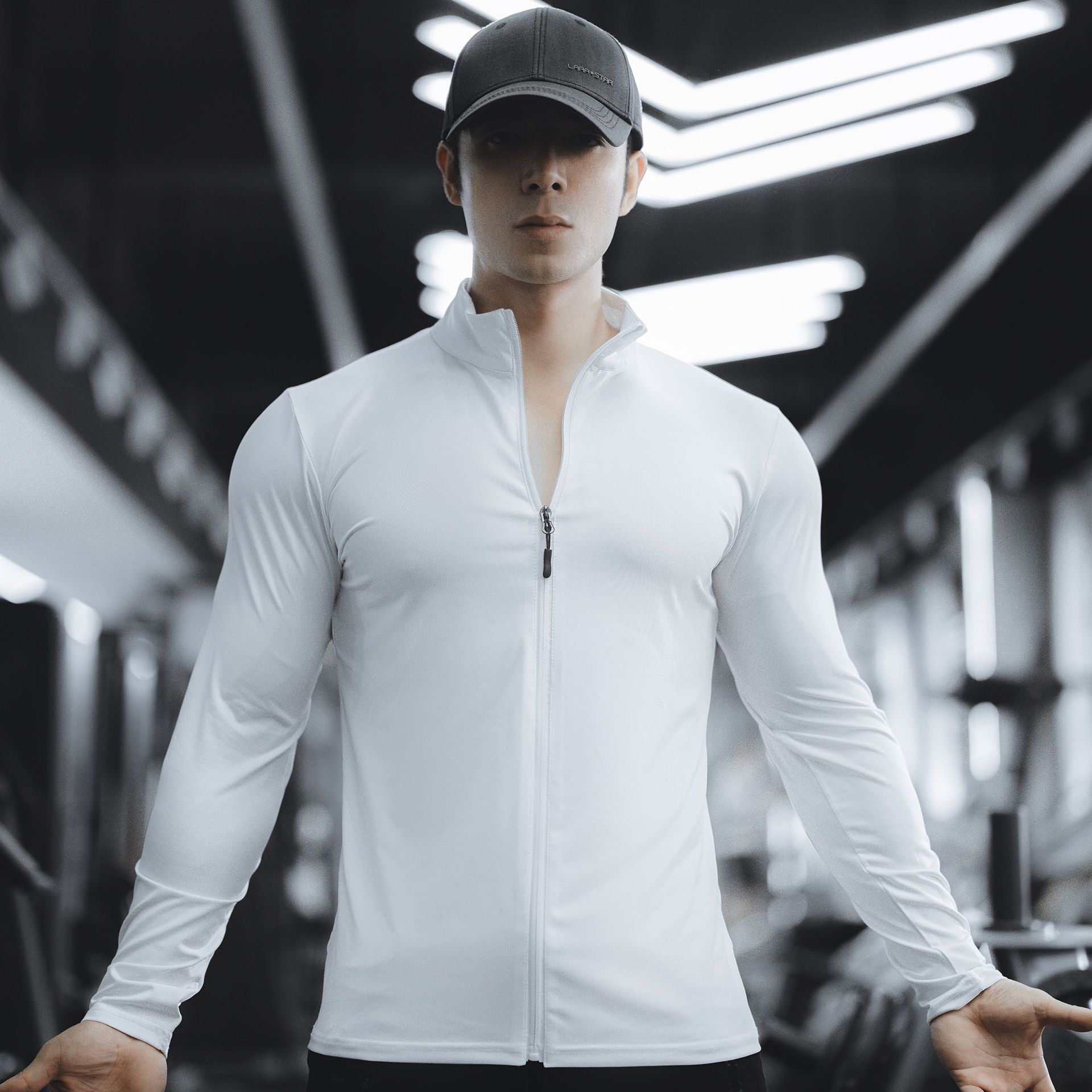 Spring and Autum New Men's Sports Leisure Running Fitness Exercise Elastic Quick-Drying Zipper Shirt Pure Color Long-Sleeved T-Shirt