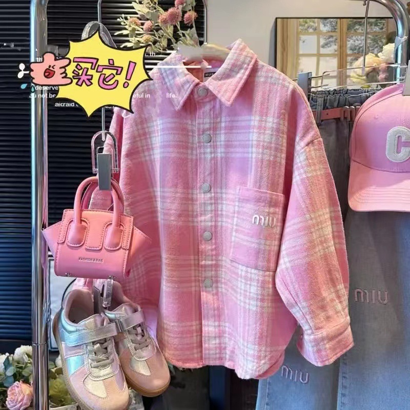 Girl's Suit Spring and Autumn 2024 New Big Boy Sweet Plaid Shirt Long Sleeve T-Shirt Girl's Spring Top