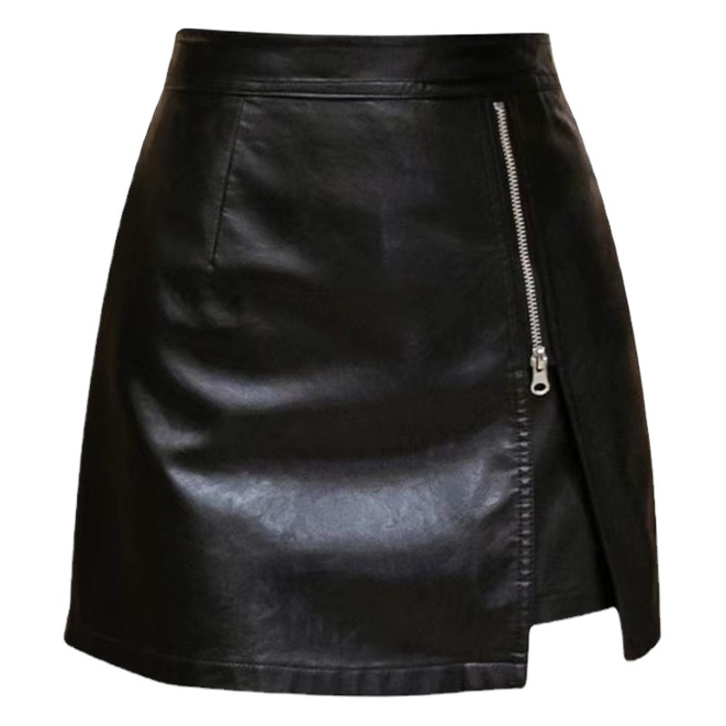 PU leather skirt A- line skirt women's autumn and winter New irregular side zipper design feeling black hip-covering short skirt