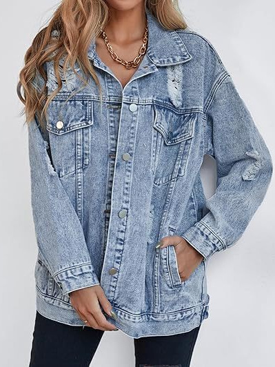 Picture of Cross-border Amazon TEMU Women's New Oversized Denim Jacket Boyfriend Ripped Dressed Denim Jacket Coat Women