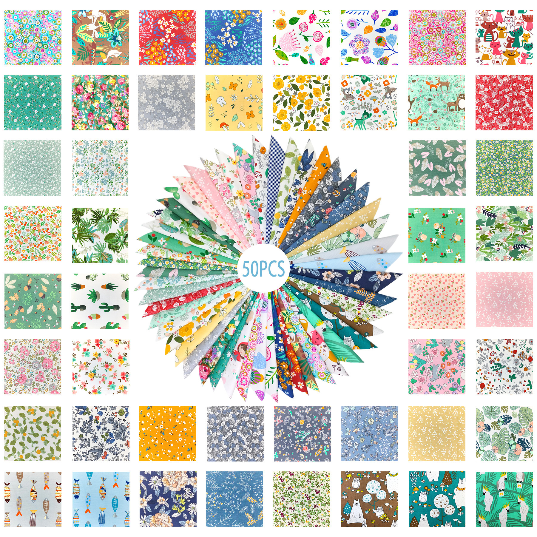 Cross-Border Multi-Color Twill Pure Cotton Fabric 50 Pieces Floral Pure Cotton Fabric Handmade DIY Patchwork Fabric Set