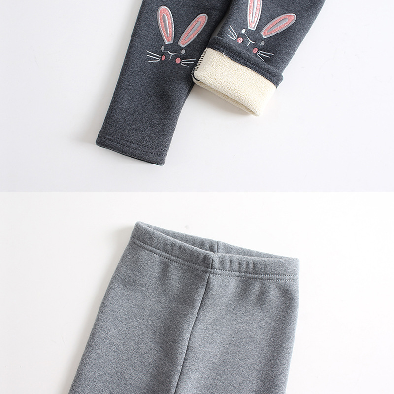 Picture of Winter Girls' Fleece-Lined Pure Cotton Children's Autumn and Winter Pants with Cartoon Bunny Embroidery, Thickened and Warm Baby Trousers