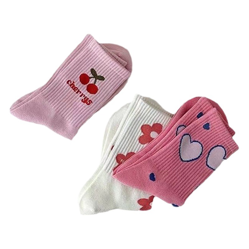 Pink Love socks women's mid-calf length socks ins trendy spring and summer sweet cute girl style Japanese style stockings cotton socks