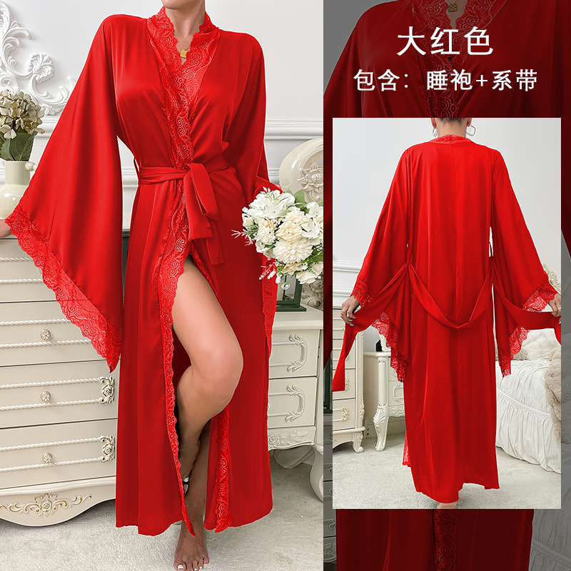 Picture of Fei Yun cross-border new satin pajamas women lace light luxury long sleeved cool feeling nightgown bathrobe home 336