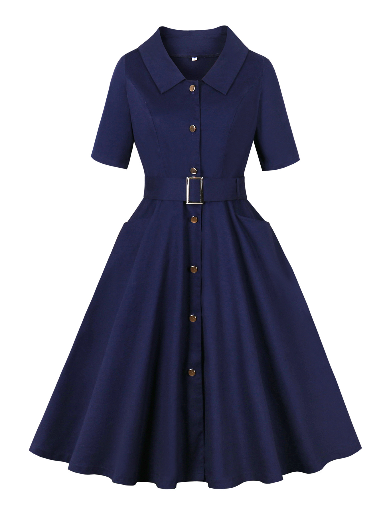 European and American Women's Autumn and Winter Cross-border Lapel Mid-sleeve Single-breasted Belt Tight Waist Pure Color Belt Pocket Vintage dress