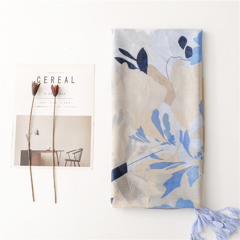 Picture of Foreign Trade Vintage Ethnic Style Travel Sunscreen Shawl Bali Yarn Cotton Linen Scarf Blue Ink Painting Scarf for Women