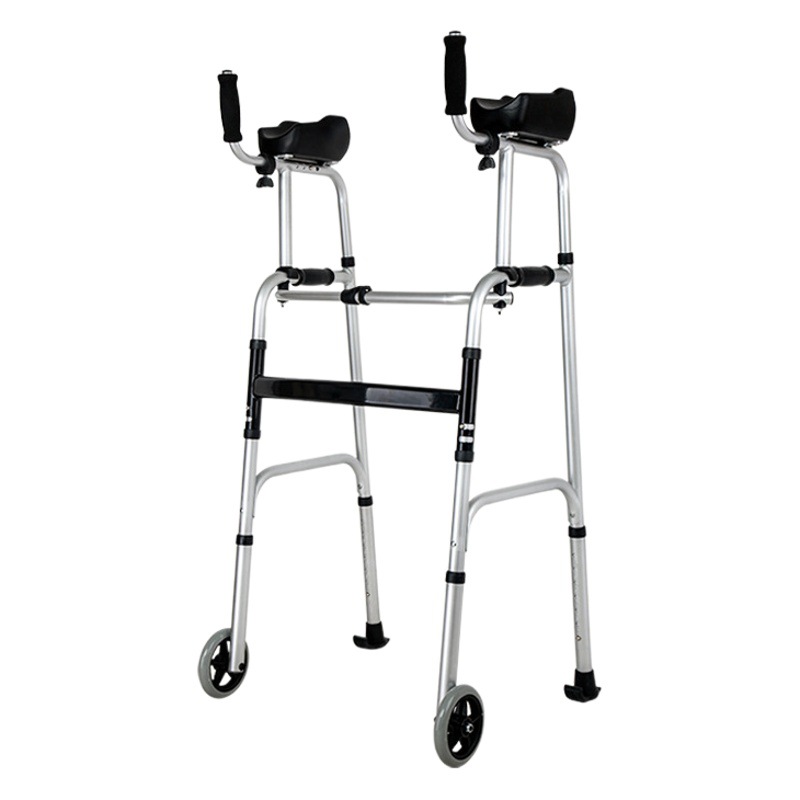 Walking aid with wheel and belt seat aluminum alloy four-legged crutch for the disabled rehabilitation assistant walking aid with arm