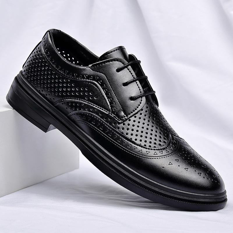 Summer New Leather Shoes Men's High-end Business Casual Shoes Dress Hollow Breathable Men's Leather Shoes Men's Invisible Height Increase