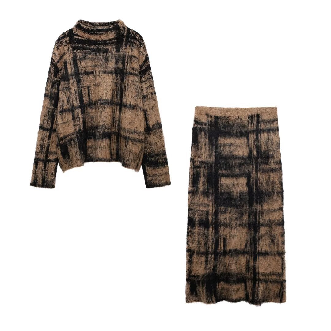 ZA cross-border women's wholesale plaid jacquard sweater hip skirt suit 5802116 5802115