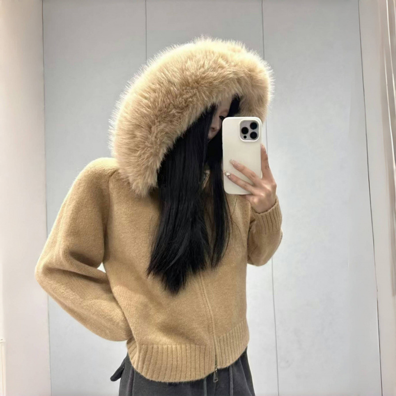 Picture of 25 Autumn/Winter New Fashionable Short Knitted Cardigan with Hood, Stylish and Trendy, Small Size, Faux Fox Fur Collar, Women's Sweater Coat