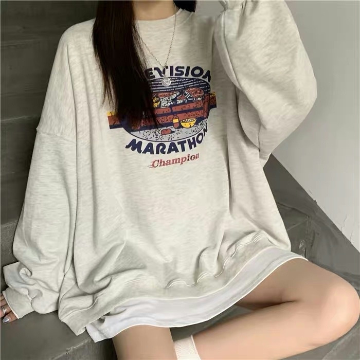 Picture of American Style Retro Printed Round Neck Sweater Women's Autumn Clothing Student Base Shirt Regular Casual Loose Top Thin Trendy