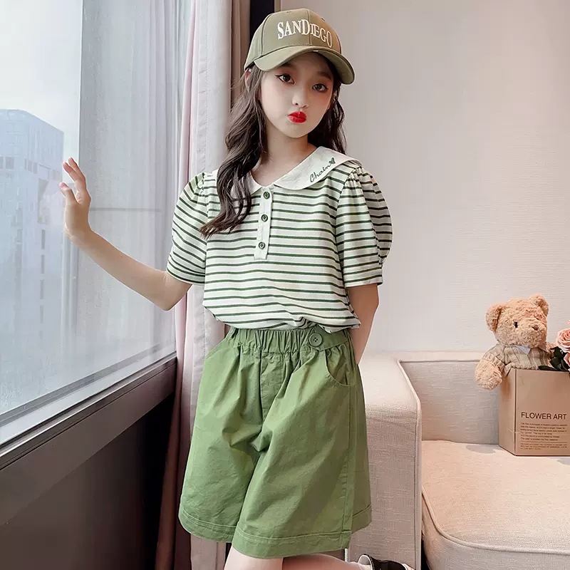 Picture of Girls' suit Summer Big Girls' Short-sleeved Striped Doll Collar Top Casual Shorts Children's Summer Sports Summer Wear