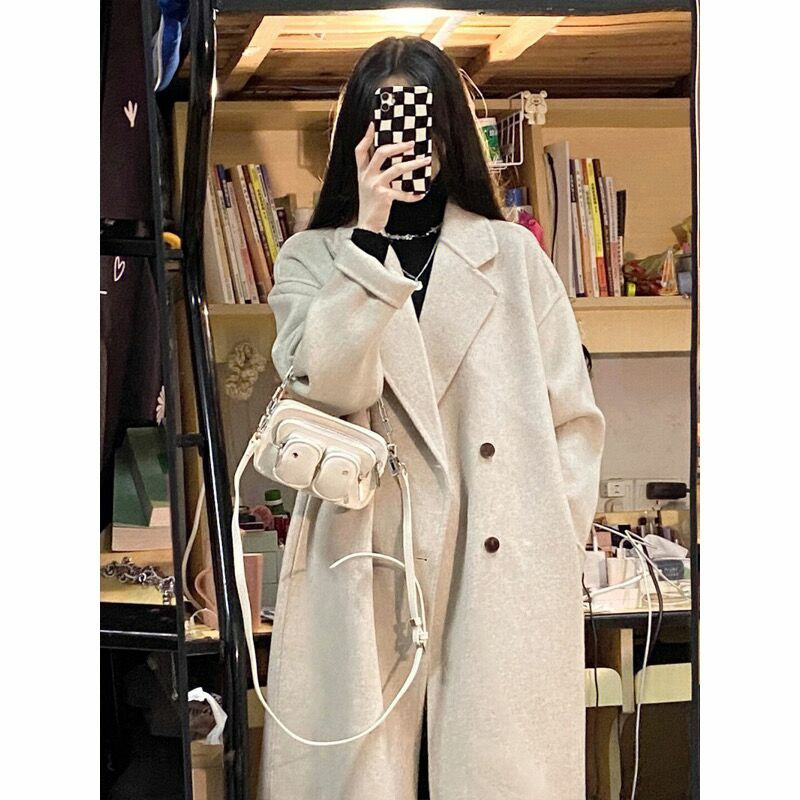 in stock plus size Woolen Coat Women's 2024 Autumn and Winter Korean Style Loose Mid-length Hepburn Style Woolen Coat