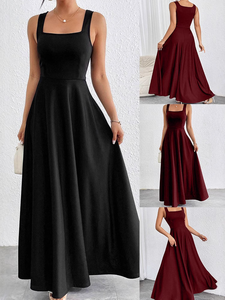 Cross-border European and American Women's Summer New Square Collar Sleeveless Turtleneck Solid Color Super Long Dress Loose Waist Elegant for Four Seasons