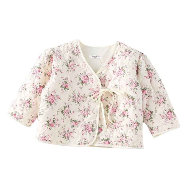 Girls' autumn and winter thickened cotton-padded fleece floral cotton-padded coat 2023 new Korean style fashionable lace-up cotton-padded jacket for baby girls