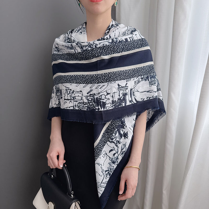 European and American architectural style large square scarf cotton-linen blend for women, 130x130 tassels, elegant and elegant, versatile scarf shawl