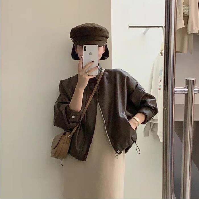 Picture of Brown Leather Jacket Women's Leather Jacket 2025 New Hong Kong Style Short Motorcycle Jacket This Year's Popular American Retro Style
