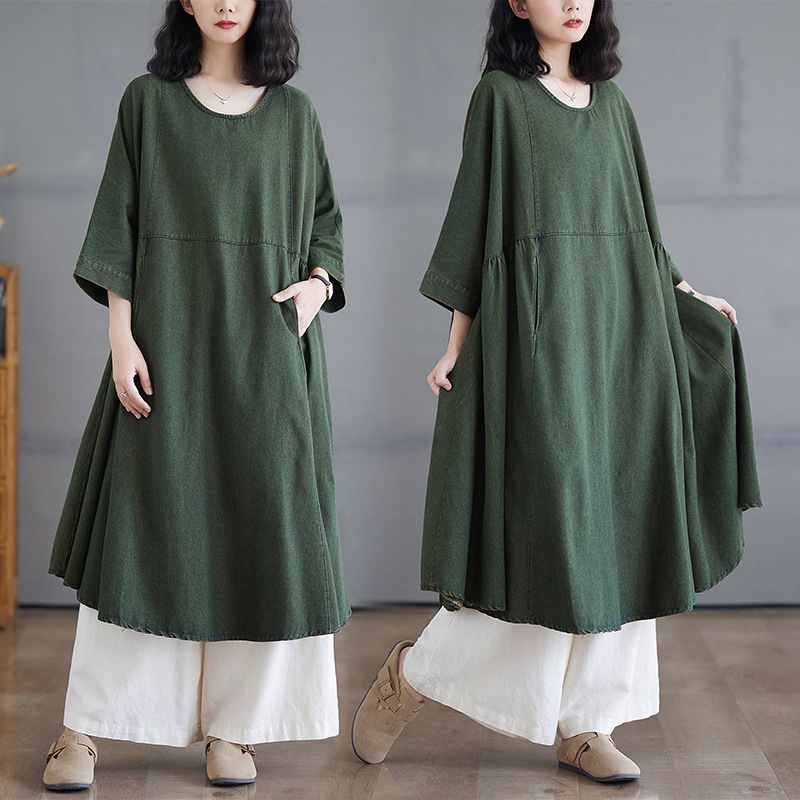 New Artistic Retro Stitching Doll Top Loose plus size Women's Mid-length dress Denim dress