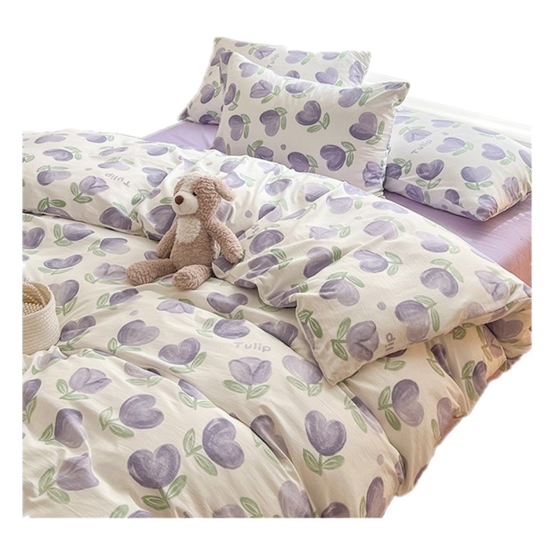 Class A Mother and Infant Grade Washed Cotton Four-piece Set Cotton ins Style Cartoon Fresh Cotton Bed Cover Three-piece Set