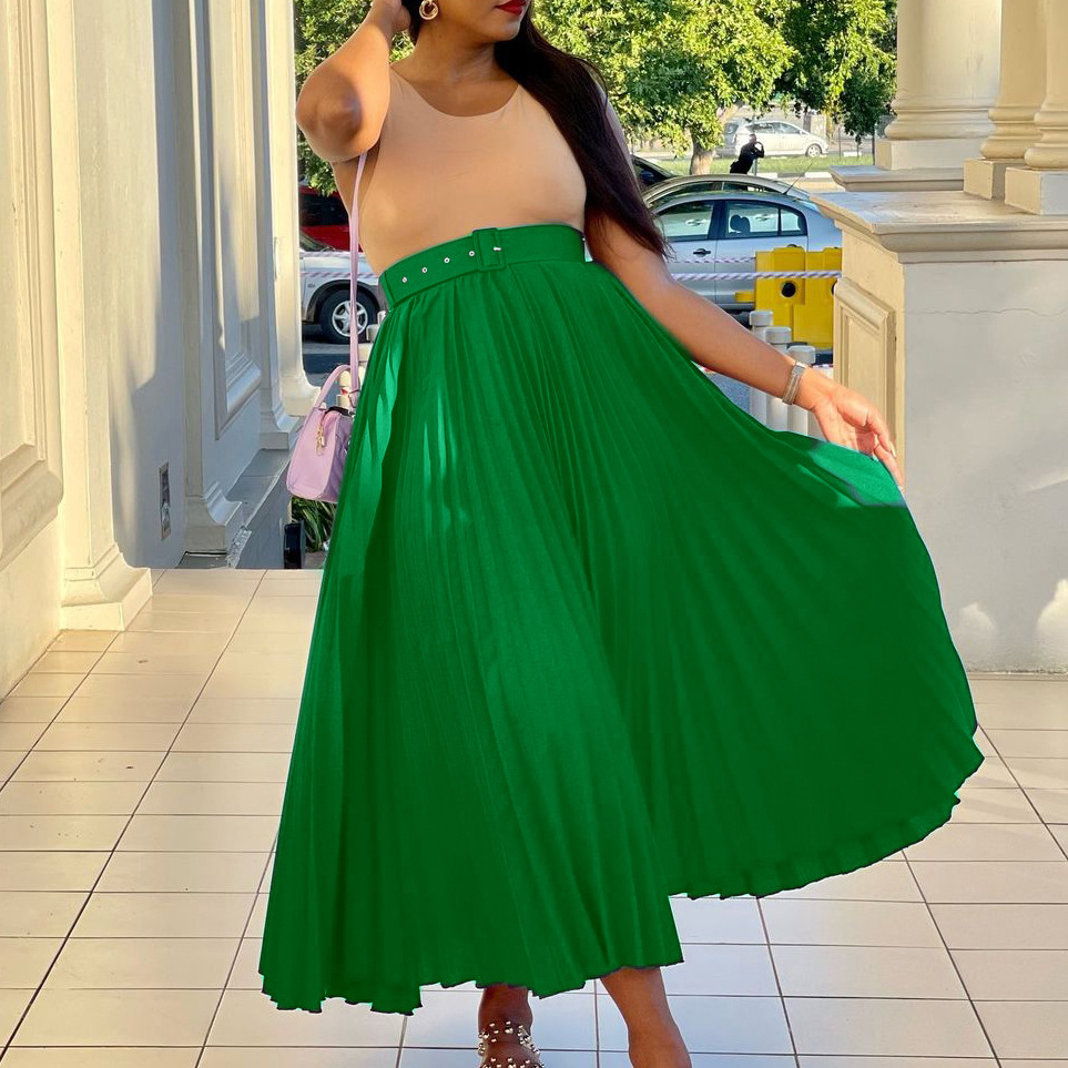 Picture of D293P with belt European and American women's clothing new high waist large skirt mid-length pleated temperament drape foreign trade skirt