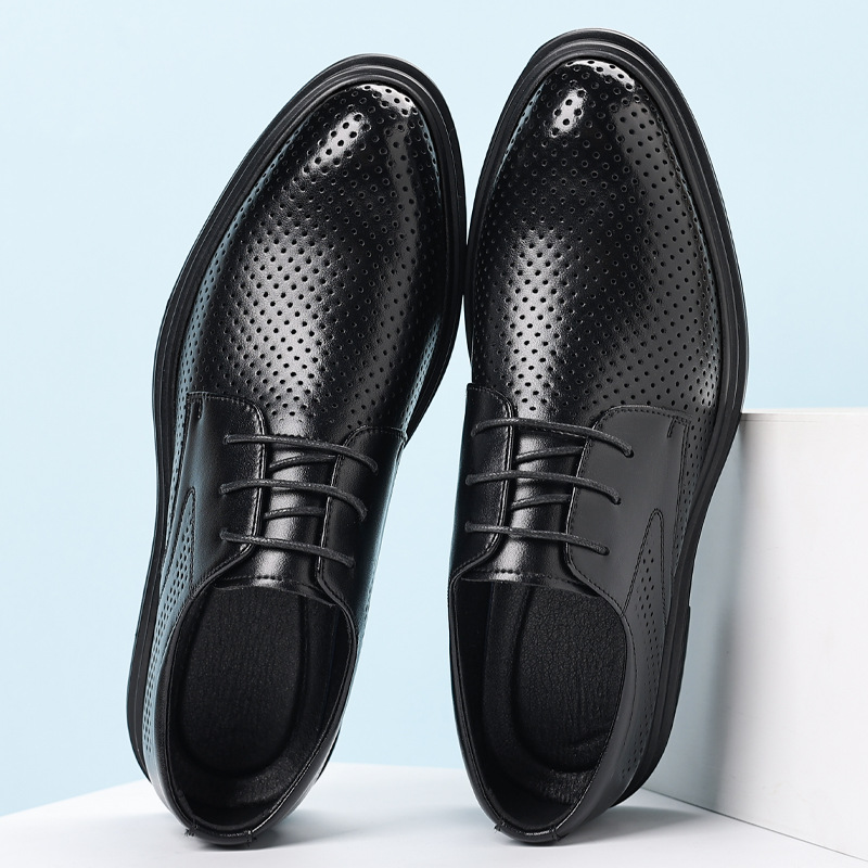 Men's Leather Shoes 2025 Hollow Summer Breathable Business Formal Leather Shoes British Style Inner Height Increase 8cm Groom Wedding Shoes Trendy