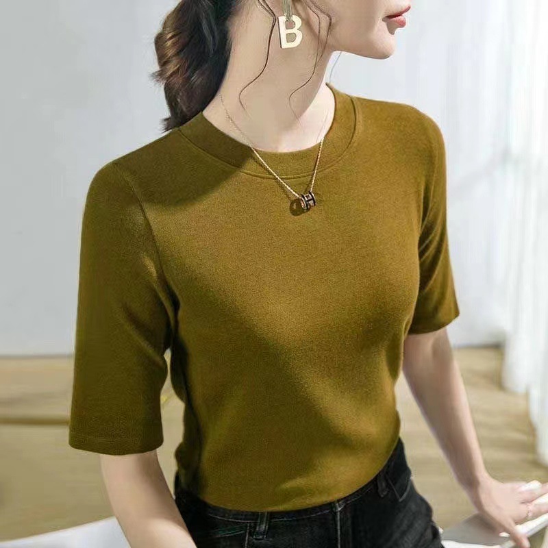 First Starter 2024 Summer Korean New Half-sleeve T-shirt Women's Half-sleeve Solid Color Inner Base All-match Slim-fit Slim-fit