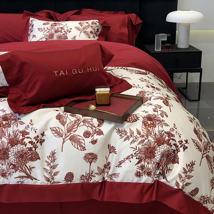 Wedding 100s long-staple cotton satin cotton four-piece set high-end digital printing quilt cover wedding wedding pure cotton bedding