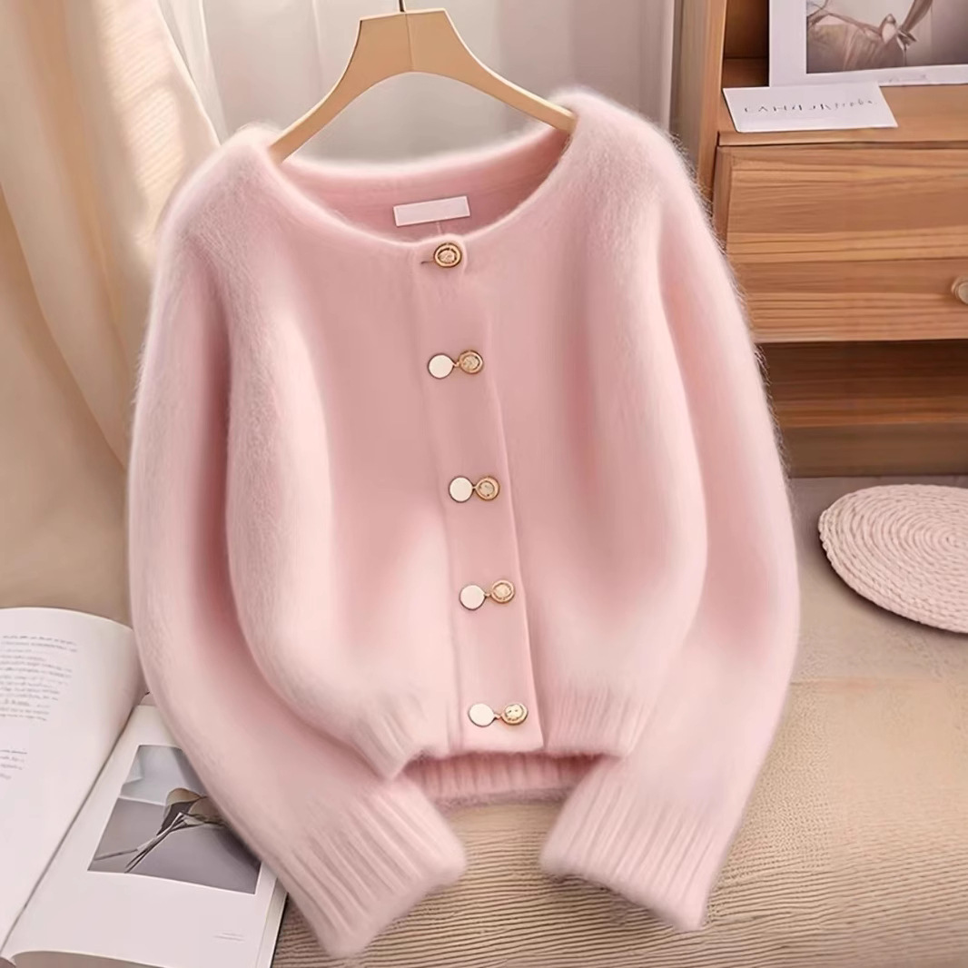 Pink Thickened Knitted Cardigan Sweater Women's 2024 New Late Autumn and Early Winter Wear Plush Lazy Chic Top