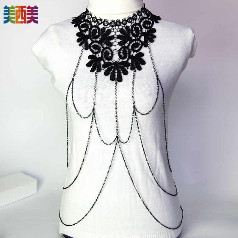 Picture of Meimei body chain jewelry black lace multi-layer diamond chain tassel necklace body chain