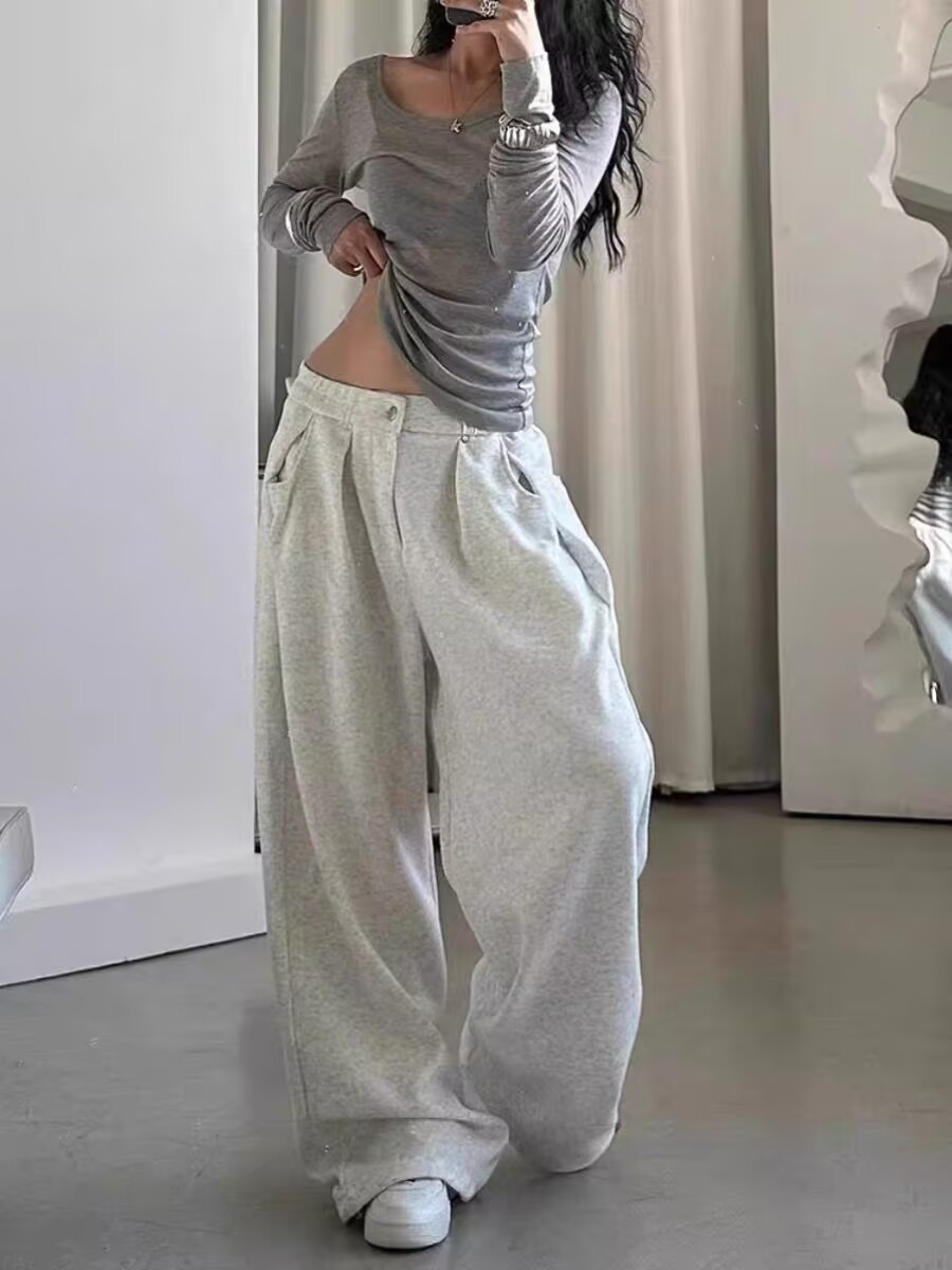 American Retro Sports Pants for Women, Spring and Autumn Trendy Lazy Style, Drapey Floor-Length Loose Wide-Leg Casual Pants