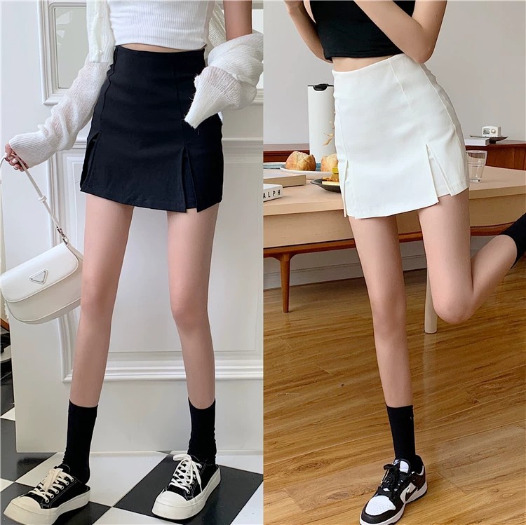 Split black skirt women's summer high waist A- line short culottes 2024 new small sheath one-step skirt