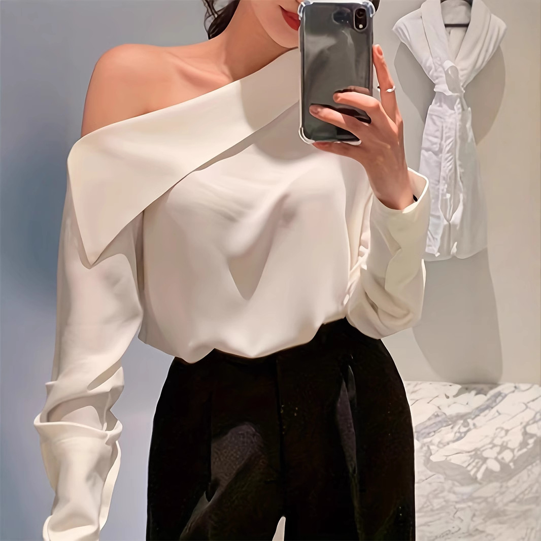 Spring and summer 2025 new beveled shoulder-breasted Korean fashion design chic ladies long sleeve shirt