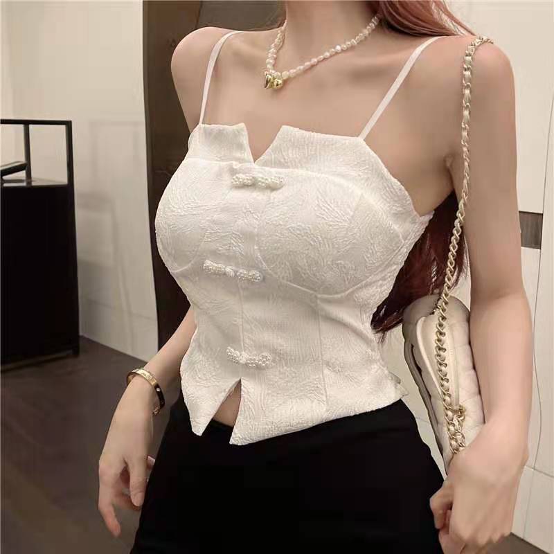 Vintage Chinese Cheongsam Camisole Women's Summer Outer Wear Inner Spice Girl Pure Desire Style Sexy Short White Top