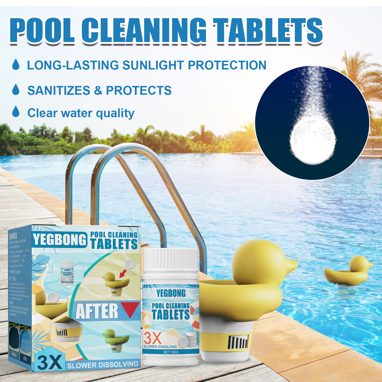 YEGBONG pool cleaning effervescent tablets water quality cleaning decontamination clarification dosing device instant hot spring bathroom cleaning