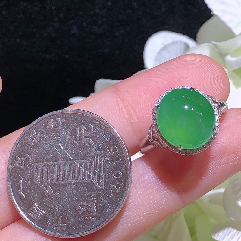 Factory wholesale 18k gold inlaid lake green egg ring jade jade women's ring with certificate