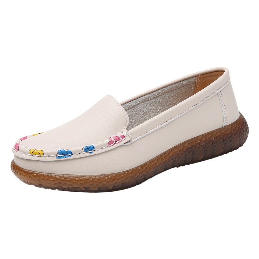 Spring New Style Genuine Leather Beanie Shoes for Women, Round Toe, Middle-Aged and Elderly Women's Flats, Soft-Soled Flats-Soled Women's Shoes, Casual Mom Shoes