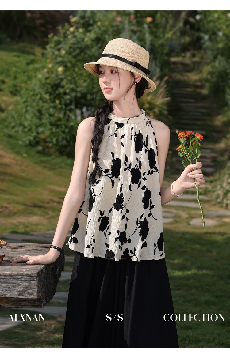 Picture of Design Sense Round Neck Back Lace Summer French Vest Sling New Style Chic Sleeveless Neck Top for Women