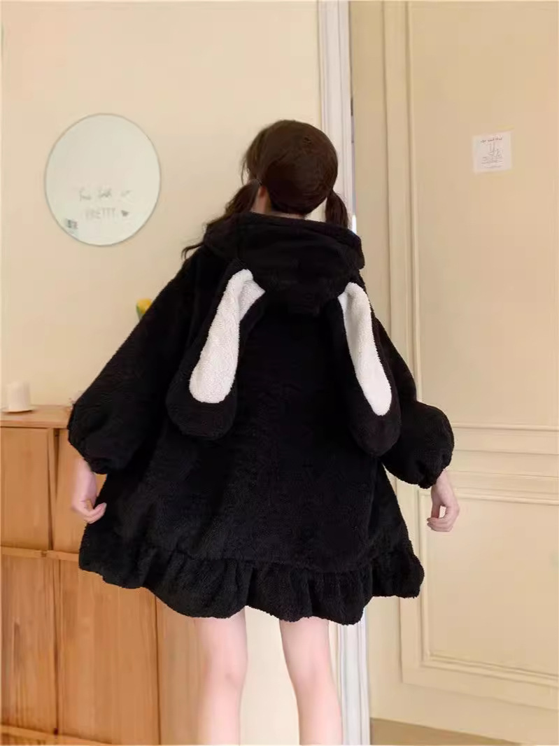 Japanese Style Cute Rabbit Ears Lamb Wool fleece-lined Thickened Sweatshirt Women's Dummy Soft Girl's Age-reducing Coat Autumn and Winter Fashionable