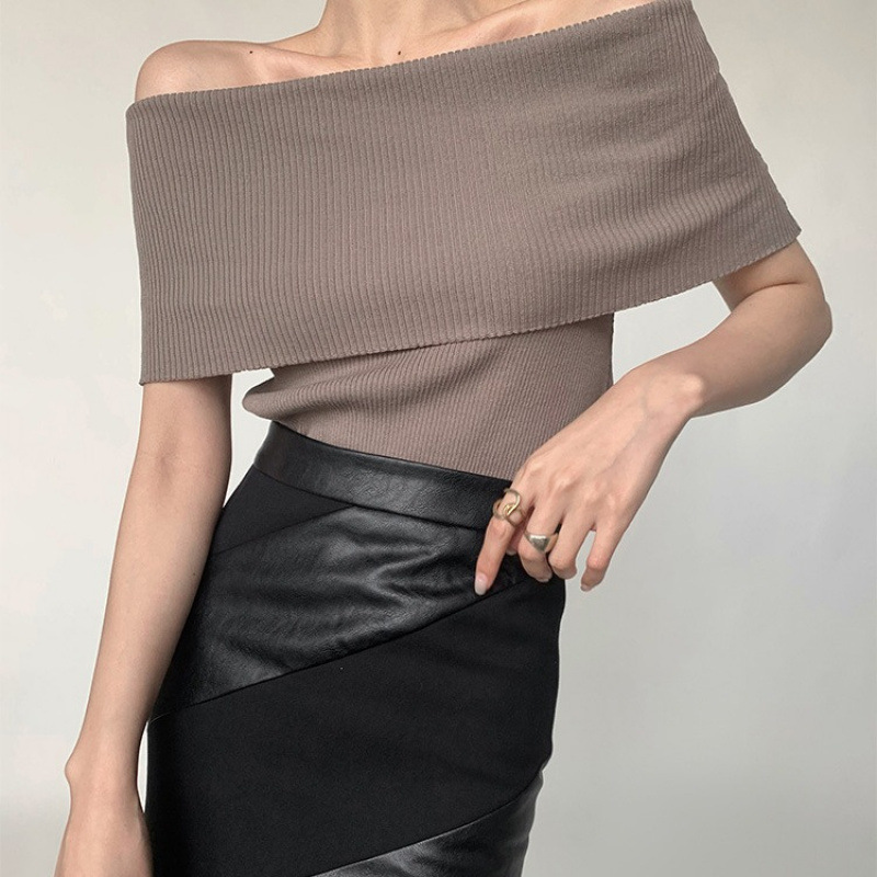 French-Style Retro Sexy Off-Shoulder Slim-Fit Paper-Thin Knitted Tank Top T-Shirt Short Sleeve