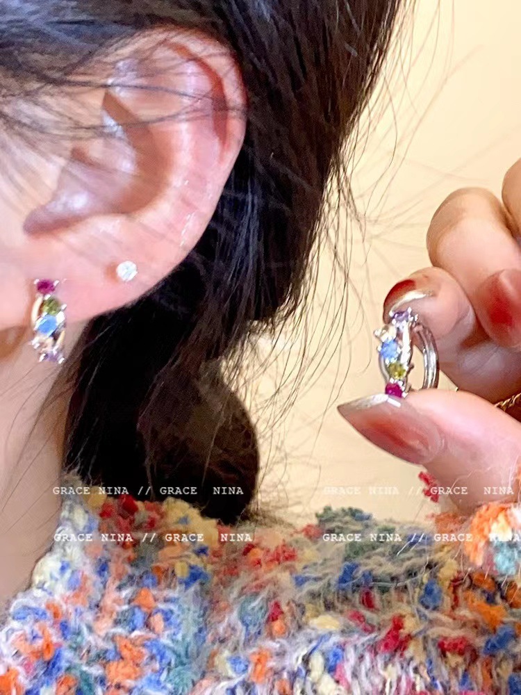 Millennium Spice Girls ~ Colorful Zircon Earrings Small and Exquisite Earrings 2023 New Style Foreign-style Ring Earrings Women's High-end Sense